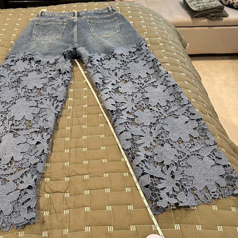 Denim Lace-Panel Jeans - Blue - Picture 8 of 11